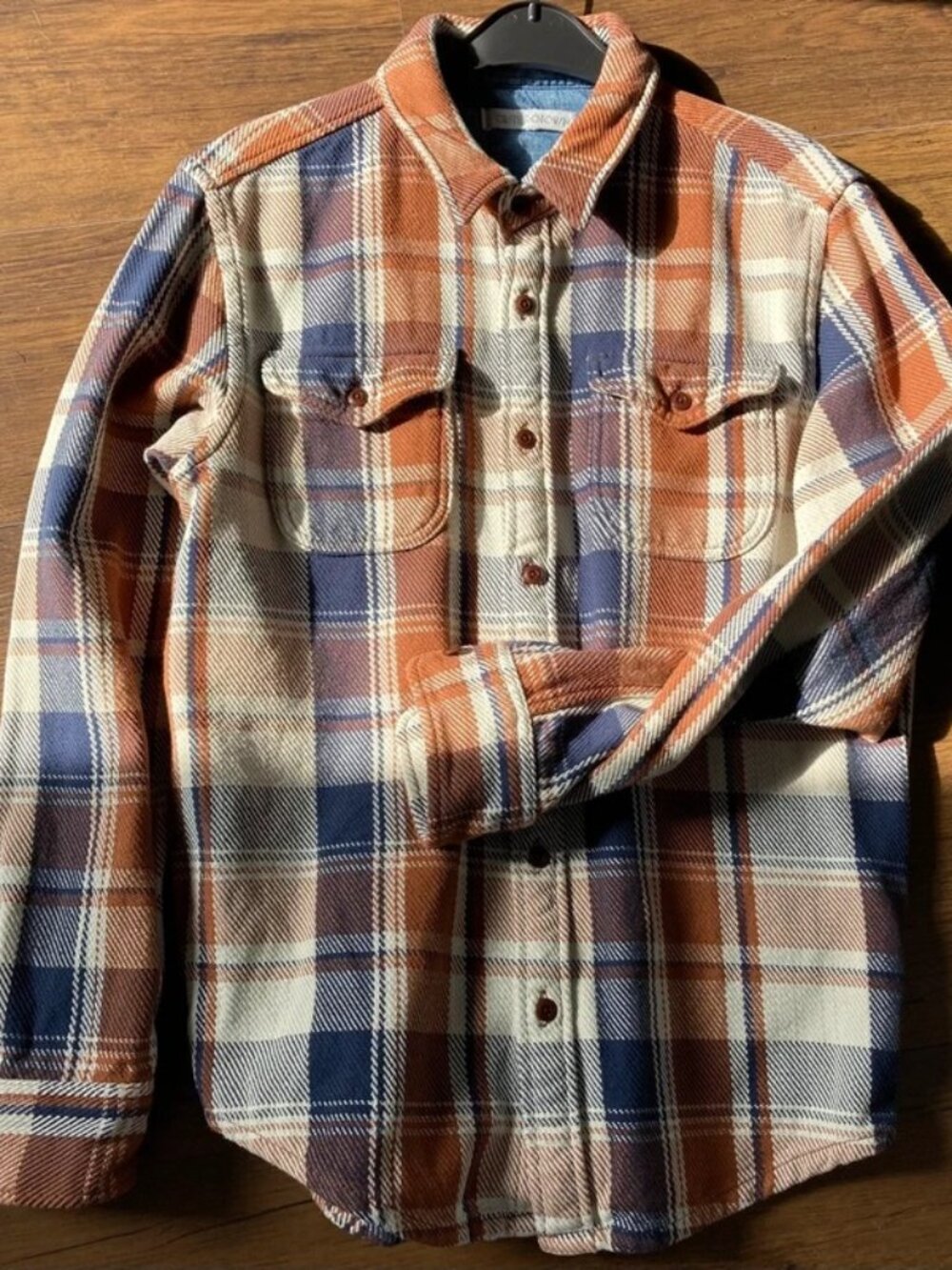 Men’s Plaid Heavy Flannel Overshirt Shirt Orange Blue Cream Size S